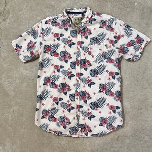 Fly Guy Casual Button Down Shirt Men’s Large White Blue Floral Short Sleeve